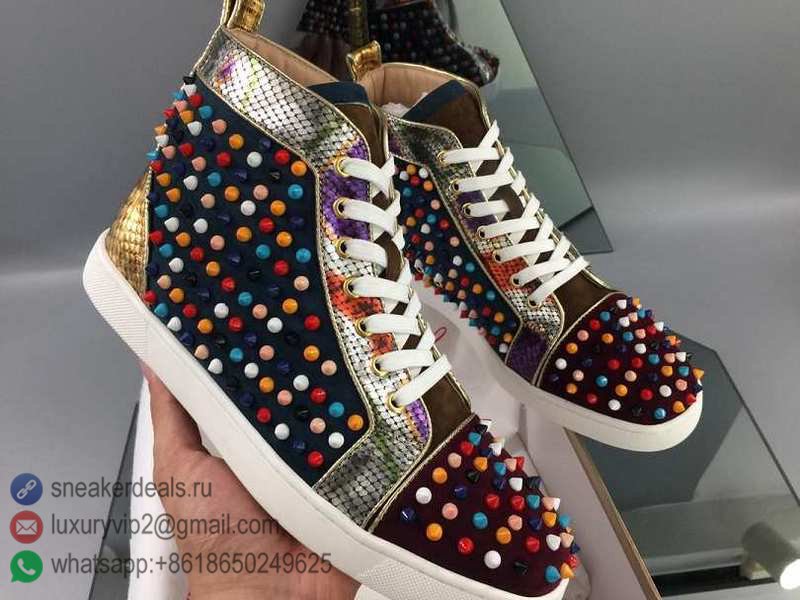CHRISTIAN LOUBOUTIN UNISEX HIGH SNEAKERS BURGUNDY MULTICOLOR STUDED D8010340